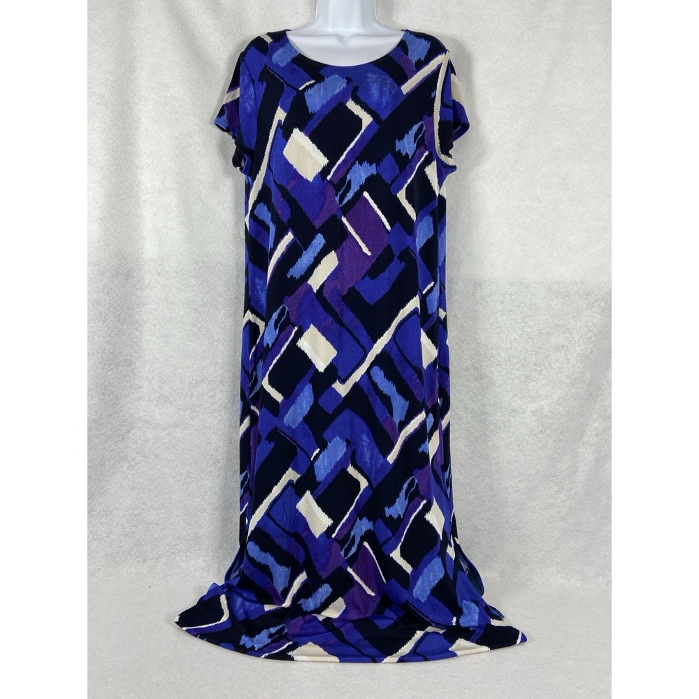 Chico's Travelers Maxi Dresss Size 2 US L Shift Blue White Sleeveless Slinky